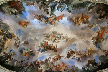 Stropní freska na velké galerii zámku Schönbrunn, Alegorie prosperity rakouské monarchie , Vídeň, Rakousko, 2024 (foto)