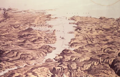 Panoramatický pohled na severní a jižní stranu přístavu a přístav Sebastopol, návrh a litografie Thomas Packer, vyd. Stannard a Dixon, 1855.