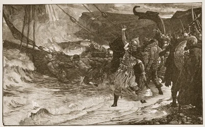 Pohřeb Vikinga, ilustrace z knihy "The Church of England: Spence-Jones, vyd. cca 1910 (sépiová fotografie).
