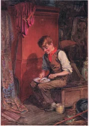 Kit odnesl do kouta velký krajíc chleba s masem a s velkou vervou se ho pustil do likvidace , asi 1920 (barevná litografie)