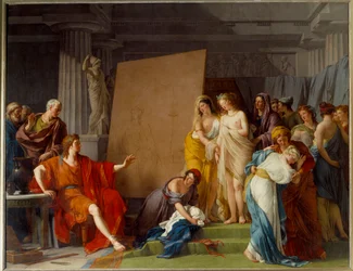 Malíř Zeuxis (nebo Zeuxippos, řecký malíř, 464-398 př. n. l.) vybírá za modely nejkrásnější dívky z Krotonu. Obraz Françoise Andrého Vincenta (1746-1816). V. 3,2x4,1 m