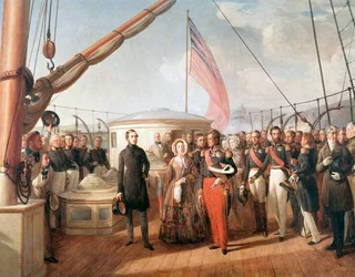 Rozhovor mezi Victorií, anglickou královnou a Louis-Philippem, králem Francie, na palubě jachty Victoria and Albert, u Treportu, 2. září 1843 (Detail Painting