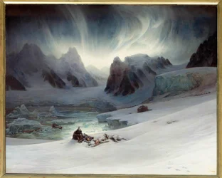 Magdalenin záliv z poloostrova hrobek, severní Špicberky. Efekt polární záře. 1,30 x 1,63 m