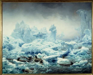 Lov mrožů v Severním ledovém oceánu. Pohled na Polární moře, Gróňané lovící mrože. Dieppe, Musée du Château, 1,3 x 1,63 m, 1841