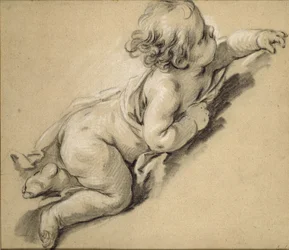 Putto ležící vpravo (křída na papíře)