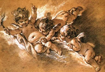 Tři putti v oblacích (křída)
