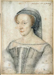 Portrét Diane de Poitiers, vévodkyně z Valentinois (1499 - 1566). Kresba černým kamenem a krví od Francoise Cloueta (1515-1572)