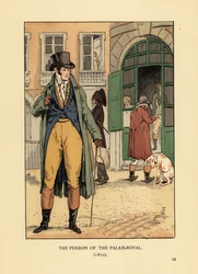 Módní gentleman před vchodem do Passage du Perron, Palais Royal. Nosí klobouk, nákrčník, kabát, vestu, kalhoty a boty. Perron z královského paláce v Paříži