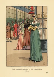Módní žena nakupování v dřevěné galerii v Palais Royal, Paříž