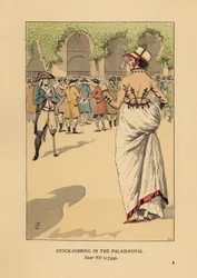 Módní žena se skupinou spekulantů nebo agioteurů, Paříž. Jednonohý revoluční voják stojí na stráži. Zaměstnávání zásob v Palais Royal, ročník VII