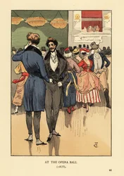 Šviháci ve fraku, vestě, těsných kalhotách a bílých punčochách. Za nimi lidé v maškarních kostýmech a maskách. Na operním plese 1835. Ručně kolorovaná litografie R. V. podle ilustrace Françoise Courboina z Fashion in Paris Octava Uzanna, Will