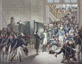 Odjezd Ludvíka XVIII. (1755-1824) krále Francie a Navarry z Les Tuileries, 19. března 1815 (barevná rytina)
