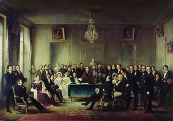 Francois Andrieux (1759-1833) čte svou tragédii „Junius Brutus“ ve foyer Comedie Francaise, 26. května 1828, 1847 (viz také 216914)