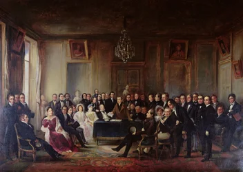 Francois Andrieux (1759-1833) čte svou tragédii „Junius Brutus“ ve foyer Comedie Francaise, 26. května 1828, 1847 (viz také 216913)
