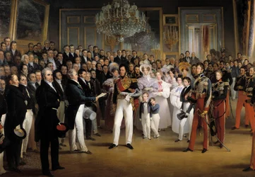 Revoluce z roku 1830: „“ Poslanecká sněmovna předkládá vévodovi z Orleansu Ludvíku Filipovi I. (1773-1850), akt, který ho povolává na trůn, a Listinu z roku 1830 v královském paláci dne 7.8. 1830”” Detail. Obraz Francoise Josepha Heima (1787-18