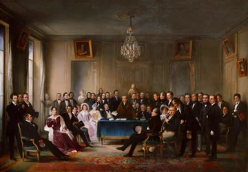 François-Guillaume Andrieux čte svou tragédii Junius Brutus ve foyer…, 26. května 1828, c. 1847.