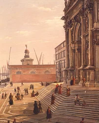 Schody vedoucí k bazilice Panny Marie Zdraví (Basilica di Santa Maria della Salute) v Benátkách, od Franse Vervloeta (1795-1872), Itálie