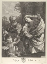 Útěk do Egypta, Svatá rodina kráčí společně, svatý Josef ukazuje na t..., ca. 1648-81.