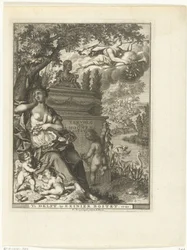 Múza a putti sedí u hrobky básníka Arnolda Moonena Titulní strana pro: Arnold Moonen, Continued der poëzye, Delft 1720 Pokračování A. Moonens Poezy (název na objektu)
