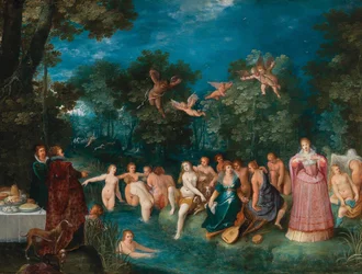 Diana a její nymfy se koupou, s lovem jelenů v pozadí, asi 1606.