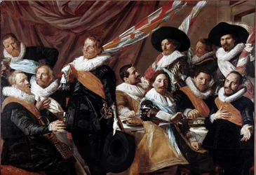 Hostina důstojníků harlemského střeleckého sboru svatého Jiří. Obraz Franse Halse (asi 1580-1666), 1627. Slunce. 179 x 257.5 cm, Haarlem, Muzeum Franse Halse, Holandsko