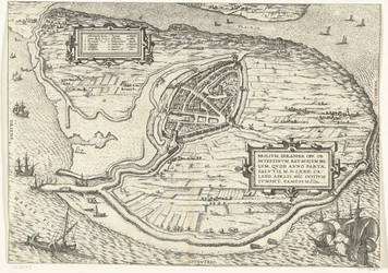 Kaart van het eiland Voorne en plattegrond van Brielle, 1572 Brillium, Holandsko opp. kvůli bratrovražedné holandské válce, která v roce vítězství Spasení 72 n. l. v dubnovém vedru začal tady, slavný (název na objekt)