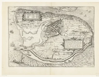 Kaart van het eiland Voorne en plattegrond van Brielle, 1572 Brillium, Holandsko opp. kvůli bratrovražedné holandské válce, která v roce vítězství Spasení 72 n. l. v dubnovém vedru začal tady, slavný (název na objekt)