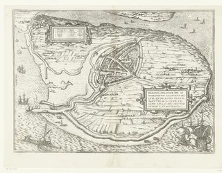 Kaart van het eiland Voorne en plattegrond van Brielle, 1572 Brillium, Holandsko opp. kvůli bratrovražedné holandské válce, která v roce vítězství Spasení 72 n. l. v dubnovém vedru začal tady, slavný (název na objekt)