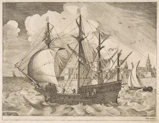 Ozbrojený čtyřmistr vyjíždějící na moře z plachetnic, ca. 1555-56.