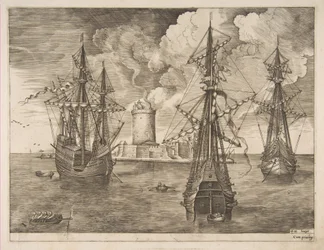 Čtyřmistrová levice a dva třímistrové ukotvení poblíž opevněného ostrova se světlem..., 1561-65.
