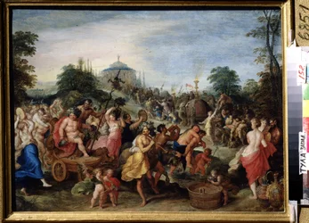 ""Průvod Bacchus"" reprezentace bacchanal, satyrs a bacchantes tančí, hrají. Obraz Franze (Franse) Franckena II. mladšího (1581-1642) (ec.flam.) Státní muzeum umění 17. století, Tula, Rusko