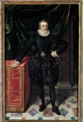Portrét v nohách Jindřicha IV. (1553-1610) Král nese insignie Řádu Ducha svatého (Řád Ducha svatého). Obraz Franse Pourbuse Le Jeune (Francois (Franz) Porbus).