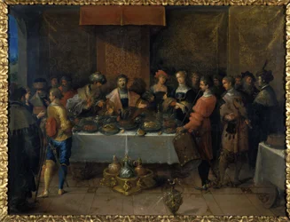 Damoklés u stolu, před rokem 1620 (olej na mědi)