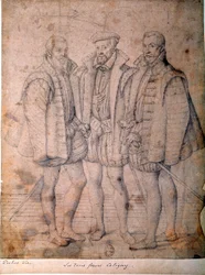 Portrét tří Coligny: kardinál Odet (1515-1571), Gaspard (1517-1572), admirál Francie a Francois (1521-1569), Lord of Andelot. Kresba připisovaná Fransovi (Francois (Franz) Pourbus l