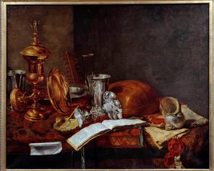 Zátiší s uměleckými předměty (měděný pohár, stříbro, loutna) Malba Franze (Franse) Ryckhalse (1600-1647) Dunkerque 17. století, Musee des Beaux Arts
