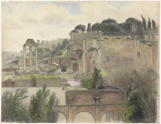 Pohled na Forum Romanum a Palatine Hill, při pohledu z Via Capitolina