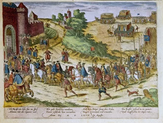 Vstup vévody Ferdinanda Alvareho z Toleda nebo Fernanda Alvareze de Toledo y Pimentel (1508-1582), 3. vévody z Alby de Tormes, do Bruselu 8. srpna 1567 se španělskou armádou. 1653 Tisk Franze Hogenberga (1535-1590) Kabinet grafiky, B.N., Paříž.