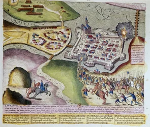 Zajetí Raabu Adolfem Schwarzenbergem 28. 3. 1598. 1653 Tisk Franze Hogenberga (1535-1590) Cabinet des Estampes, B.N, Paříž.