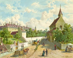 Währinger Strasse ve Vídni se zásobovacím domem "Zum Blauen Herrgott" a "Krawoten-Kapelle"