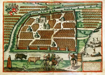 Mapa Moskvy (Rusko) - dílo Franse Hogenberga (1535-1590), rytina a akvarel extrahovaný z terária Civitates orbis