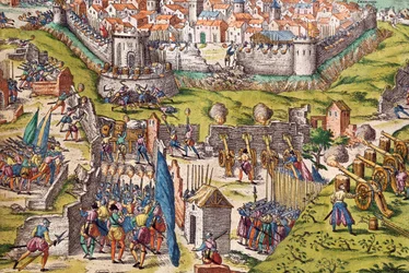Condeho armáda obléhá Chartres, březen 1568, rytina Franz Hogenberg (1535-1590), Francie