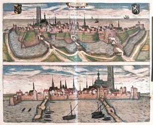 Harderwijk, malý přístav na Zuiderzee (jezero IJsselmeer), Nizozemsko (rytina
