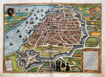 Mapa Antverp, z "Cities of the World" (barevná rytina)