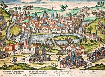 Papežové obléhají Poitiers, červenec 1569, rytina Franze Hogenberga (1535-1590), náboženské války, Francie