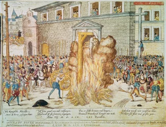 Náboženská válka: poprava francouzského protestantského soudce Anne du Bourg (1521-1559) dne 23. prosince 1559 na Place de Greve v Paříži“