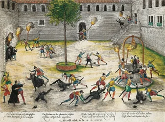 Odveta reformovaných proti církevním hodnostářům v Nimes, říjen 1567, rytina Franze Hogenberga (1535 až 1590), náboženské války, Francie