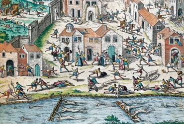 Scéna z francouzských válek náboženství, rytina Franz Hogenberg (1535-1590), Francie