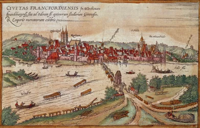 Pohled na Frankfurt nad Mohanem, Německo (rytina