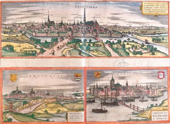 Pohledy na Groningen (Groeninga), Brouwershaven (Broversavia) a Gorinchem (Goricum), v Nizozemsku (lept
