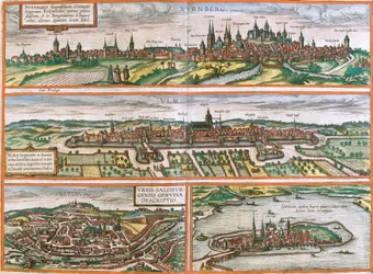 Pohledy na Norimberk (Nurnberga), Ulm (Ulma), Lindau (Lindola), Německo a Salzburg (Salisburgensis) v Rakousku (lept